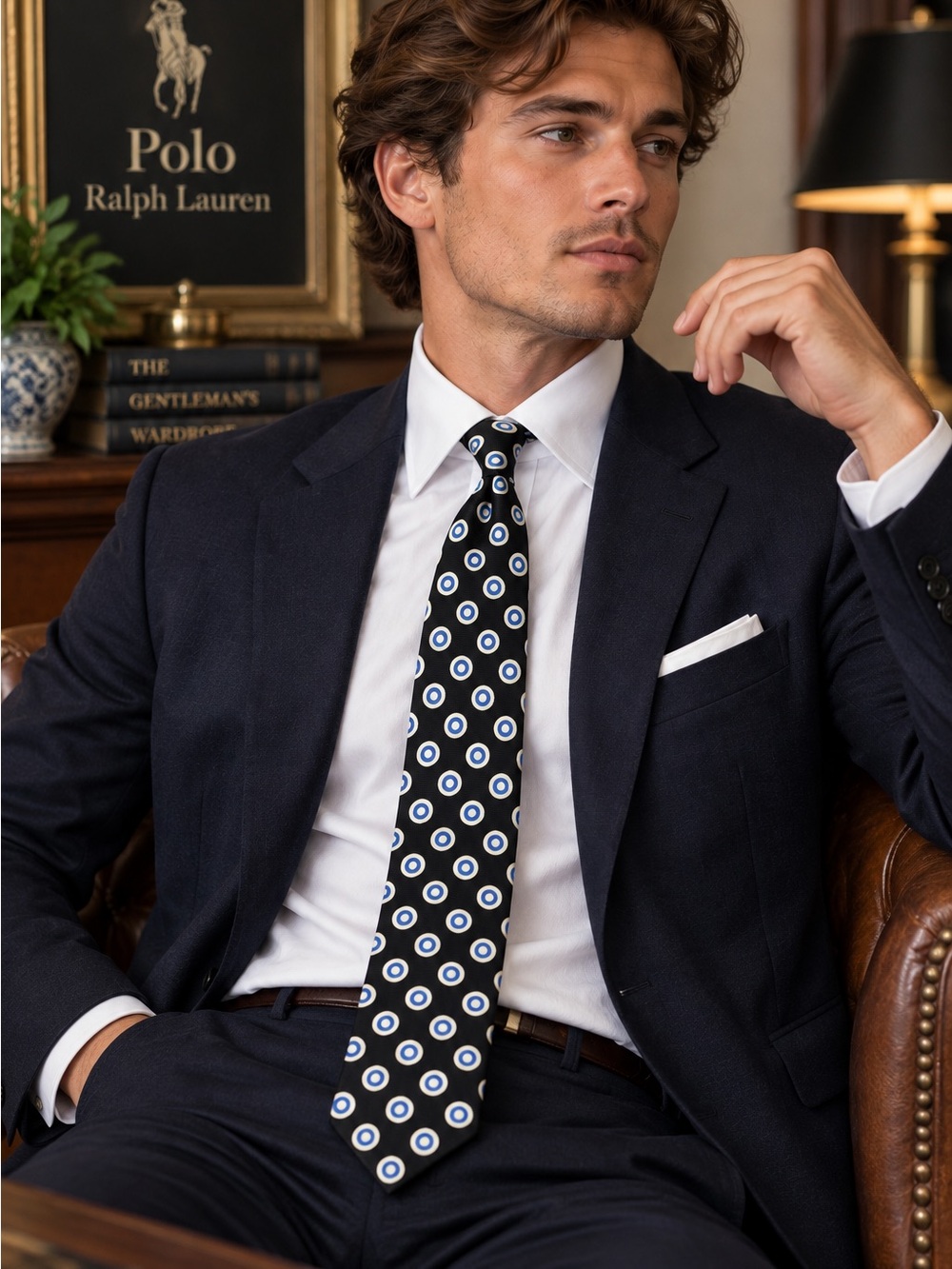 Ralph Lauren Black Silk Tie with White and Blue Target Dots